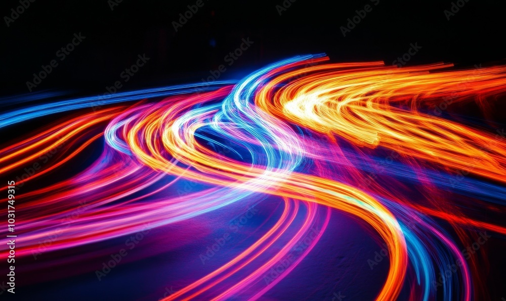 Abstract light trails in blue, orange, and red.