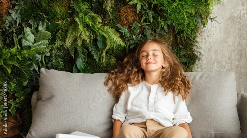 A young girl sitting on a couch with eyes closed and a relaxed smile, surrounded by lush green plants in the background, capturing peace and nature's tranquility. photo