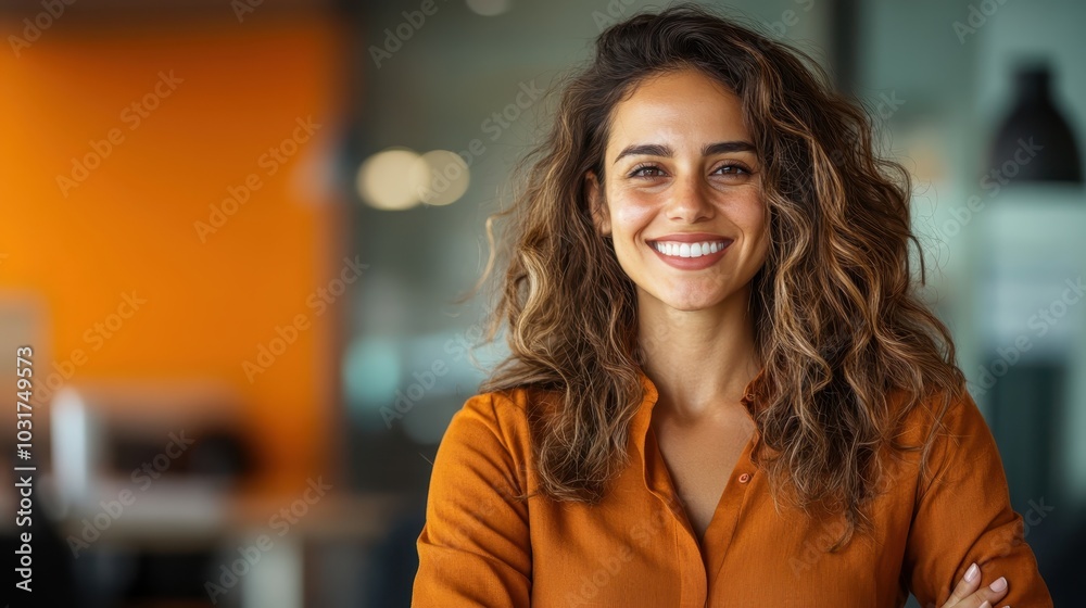 In an office environment, a woman stands smiling with her arms crossed, wearing a casual orange shirt, radiating confidence and positive energy with modern decor behind.