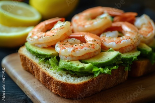 Homemade sandwich with fresh shrimps, avocado, cream cheese and lemon - generative ai