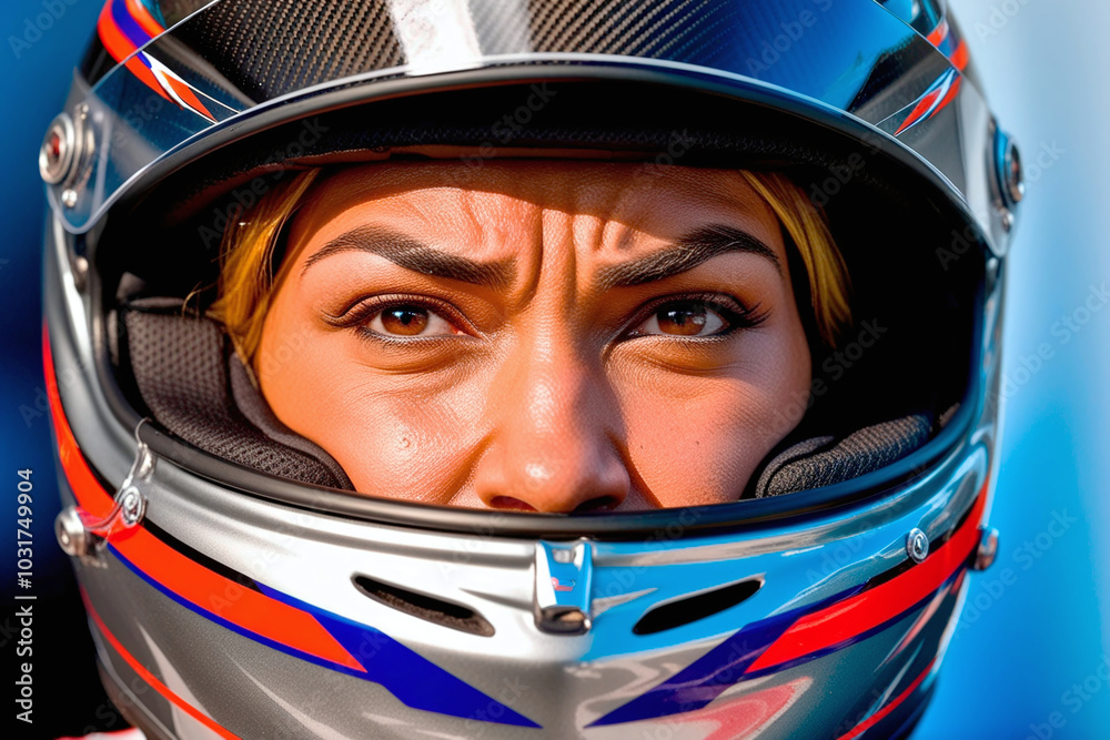 Close-up portrait of a beautiful girl in a helmet of a racer. Close-up portrait of a beautiful girl in a helmet of a racer.