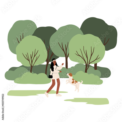 People enjoying leisurely strolls in the park with their dogs. Families, couples, and individuals interact with their happy pets, capturing delightful moments. Flat vector illustrations.