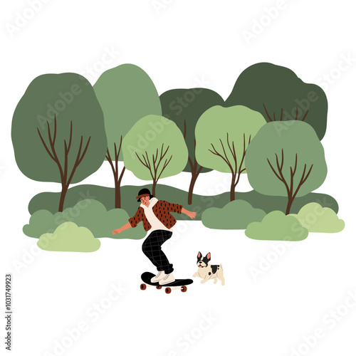 People enjoying leisurely strolls in the park with their dogs. Families, couples, and individuals interact with their happy pets, capturing delightful moments. Flat vector illustrations.