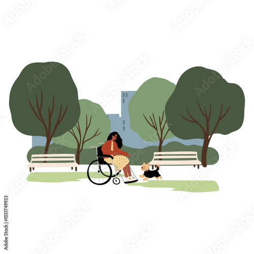 People enjoying leisurely strolls in the park with their dogs. Families, couples, and individuals interact with their happy pets, capturing delightful moments. Flat vector illustrations.