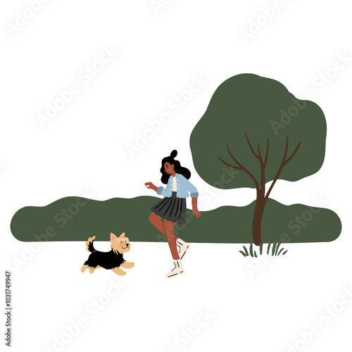 People enjoying leisurely strolls in the park with their dogs. Families, couples, and individuals interact with their happy pets, capturing delightful moments. Flat vector illustrations.