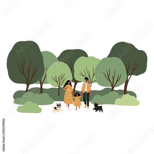 People enjoying leisurely strolls in the park with their dogs. Families, couples, and individuals interact with their happy pets, capturing delightful moments. Flat vector illustrations.
