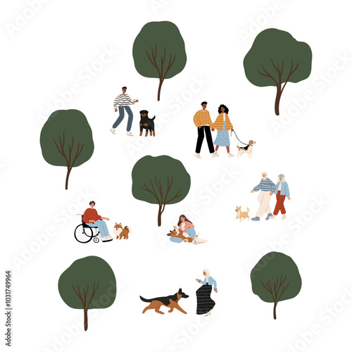 Families and friends having fun with their dogs in vibrant park settings. Scenes of training, playing fetch, and relaxing on picnics, showcasing joyful canine companionship. Flat vector style.