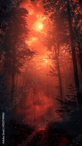 Enchanted Forest Sunset: Red Sky and Glowing Path