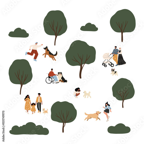 Illustrations of people walking dogs in picturesque parks. Couples, families, and individuals share tender moments with their pets, emphasizing the joy of outdoor companionship. Vector artwork.