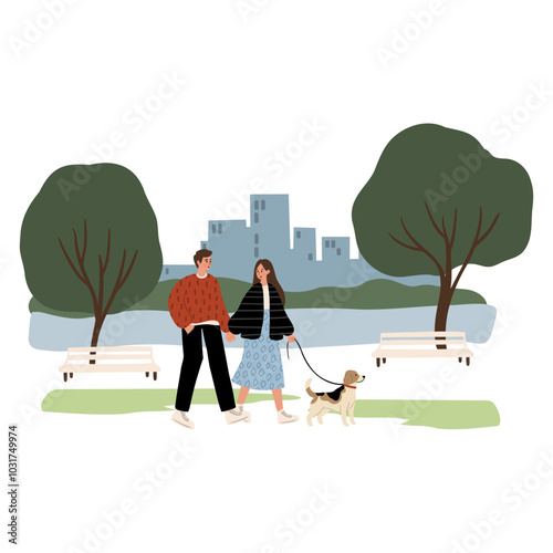 People enjoying leisurely strolls in the park with their dogs. Families, couples, and individuals interact with their happy pets, capturing delightful moments. Flat vector illustrations.
