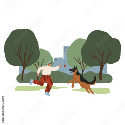 People enjoying leisurely strolls in the park with their dogs. Families, couples, and individuals interact with their happy pets, capturing delightful moments. Flat vector illustrations.