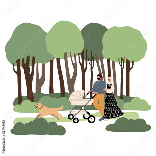 People enjoying leisurely strolls in the park with their dogs. Families, couples, and individuals interact with their happy pets, capturing delightful moments. Flat vector illustrations.