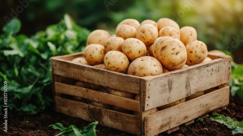 A wooden crate filled with organic potatoes sits on fertile, earthy ground, surrounded by lush greenery, representing agriculture's abundance, nature's wealth and sustainability. photo