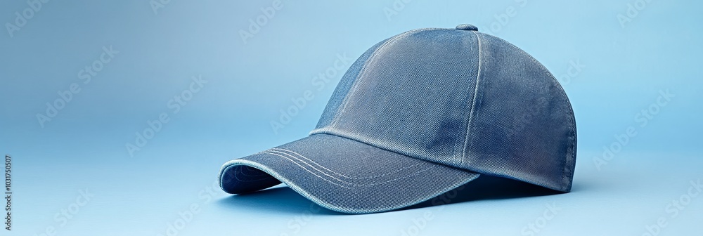 A classic blue denim baseball cap with a curved brim, isolated on a solid blue background, perfect for casual wear or sporting events. A classic blue denim baseball cap with a curved brim, isolated on a solid blue background, perfect for casual wear or sporting events.