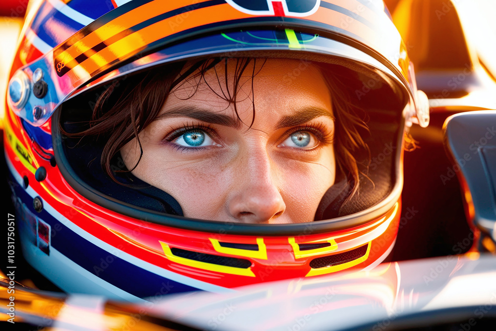 Close-up portrait of a young woman in a helmet on a racing car Close-up portrait of a young woman in a helmet on a racing car