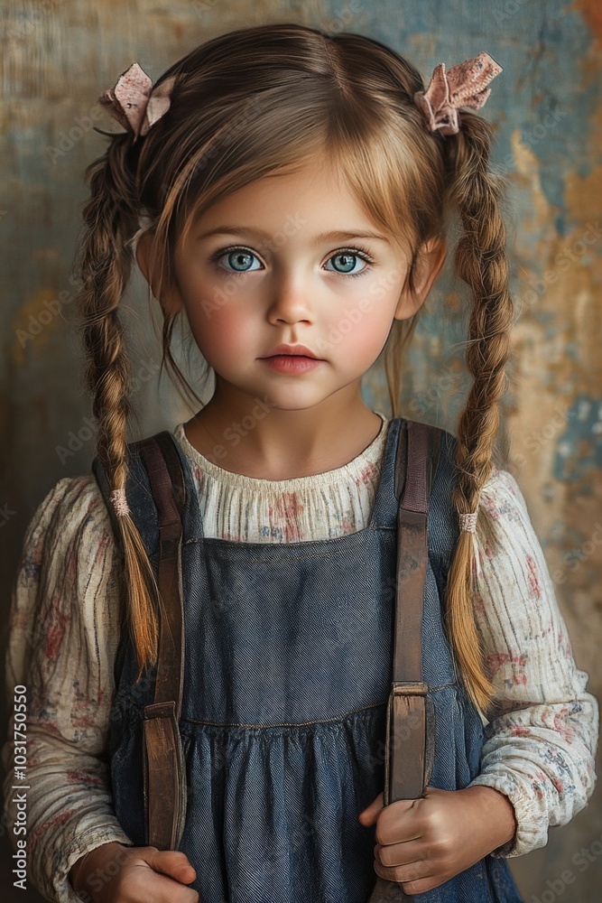 Captivating Young Girl with Blue Eyes and Braided Hair in Denim Dress Captivating Young Girl with Blue Eyes and Braided Hair in Denim Dress