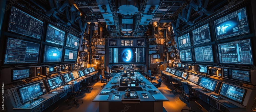 Fototapeta premium A large room filled with rows of desks and computers, all facing a large screen displaying a digital globe. 