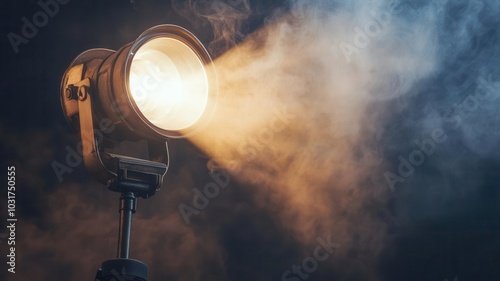 A vintage spotlight casting a bright beam of light through a smoky atmosphere, creating a dramatic, cinematic effect in a darkened room