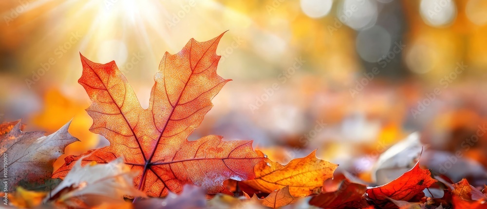 A tight shot of a solitary leaf amidst a mound of leaves, with the sun radiating behind A tight shot of a solitary leaf amidst a mound of leaves, with the sun radiating behind