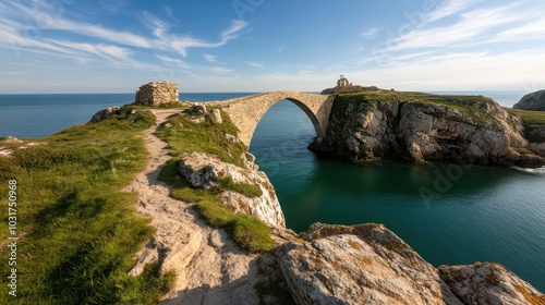 A breathtaking view of a stone bridge arch, gracefully spanning over tranquil green waters, set against a backdrop of lush grass and a small stone structure.