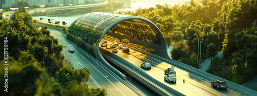 Futuristic Seoul: 3D Rendering of Clay Animation with High-Tech Transparent Tunnel Under Han River, Cars Emerging from the Ground Surrounded by Greenery in Warm Golden Hour Light photo