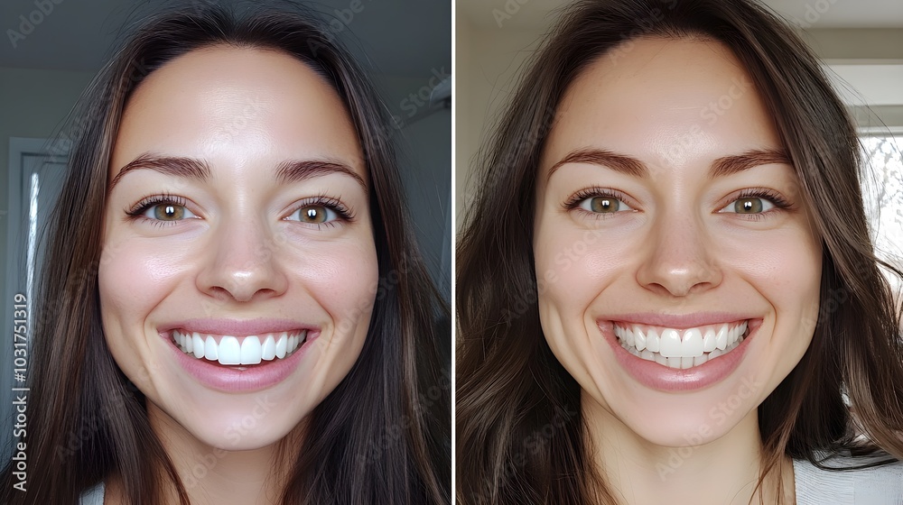 Testimonial with vivid before-and-after images of a teeth whitening treatment, showcasing improved brightness and clarity, Photorealistic, Soft Natural Lighting Testimonial with vivid before-and-after images of a teeth whitening treatment, showcasing improved brightness and clarity, Photorealistic, Soft Natural Lighting