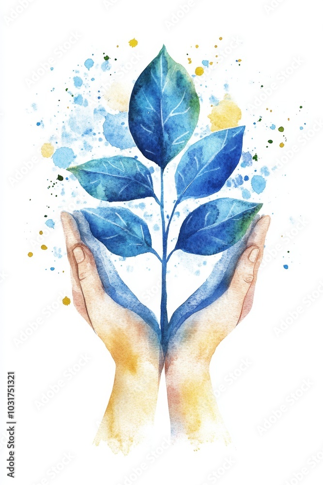 Fototapeta premium Watercolor Hands Holding a Green Plant Illustration