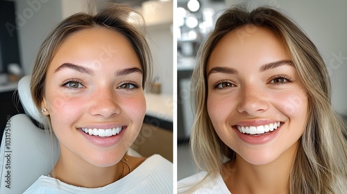 Social media post featuring a patient's smile before and after veneers, focusing on the transformation from worn, dull teeth to a radiant, picture-perfect smile