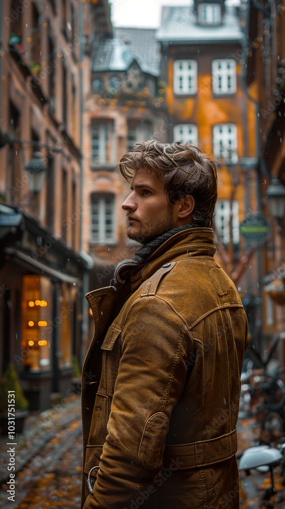 Man in Leather Jacket Walking Through City Street Man in Leather Jacket Walking Through City Street