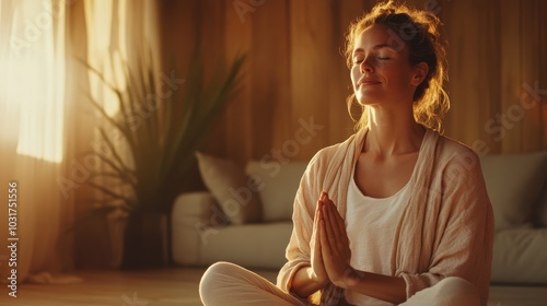 A woman meditates gracefully in a sunlit wooden room, emanating warmth and serenity as the golden glow highlights the peacefulness of this moment. photo