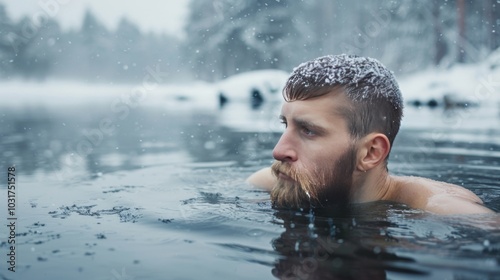 Winter Swimming Enthusiast Embracing the Cold Lake