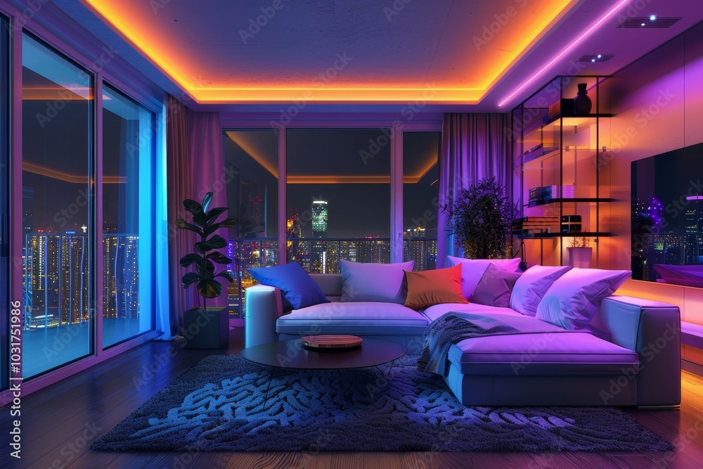 Modern Living Room Illuminated with Colorful LED Lights Modern Living Room Illuminated with Colorful LED Lights