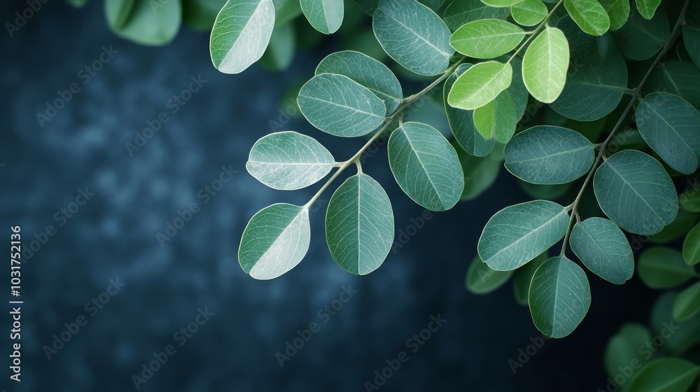 Lush green leaves of a plant branch against a dark blue background. Lush green leaves of a plant branch against a dark blue background.