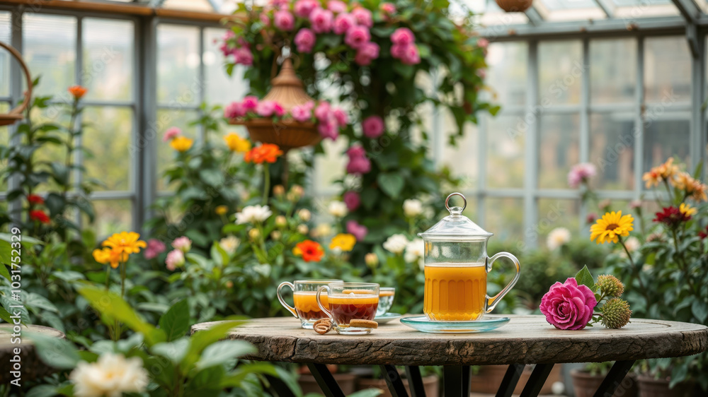 Fototapeta premium Elegant Afternoon Tea Setting in a Sunlit Garden Room