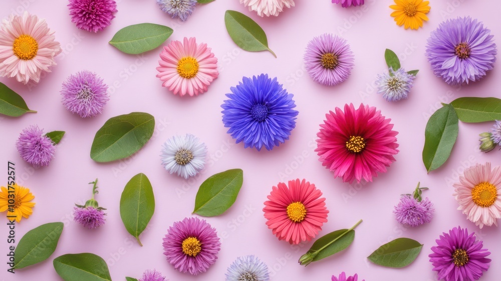 A vibrant arrangement of various flowers and leaves on a pink background. A vibrant arrangement of various flowers and leaves on a pink background.