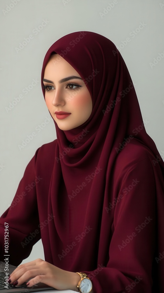 Woman in maroon hijab working on a laptop, focused and professional, depicting modern Muslim woman in a business environment. Woman in maroon hijab working on a laptop, focused and professional, depicting modern Muslim woman in a business environment.