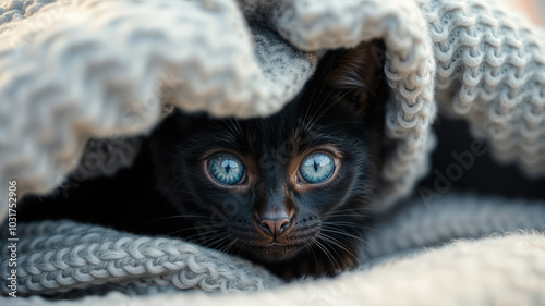 Curious Black Cat Peeking Out from Cozy Blanket