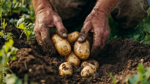 Harvesting Fresh Potatoes by Hand in Soil