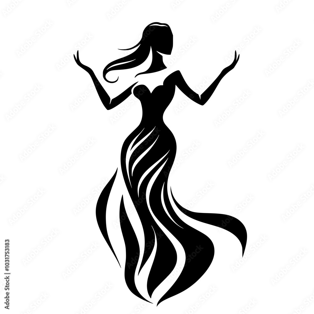 Silhouette of elegant woman in flowing dress, Black-and-white silhouette of an elegant woman with long hair wearing a flowing dress, showcasing grace and movement, isolated on white background.
Silhouette of elegant woman in flowing dress, Black-and-white silhouette of an elegant woman with long hair wearing a flowing dress, showcasing grace and movement, isolated on white background.
