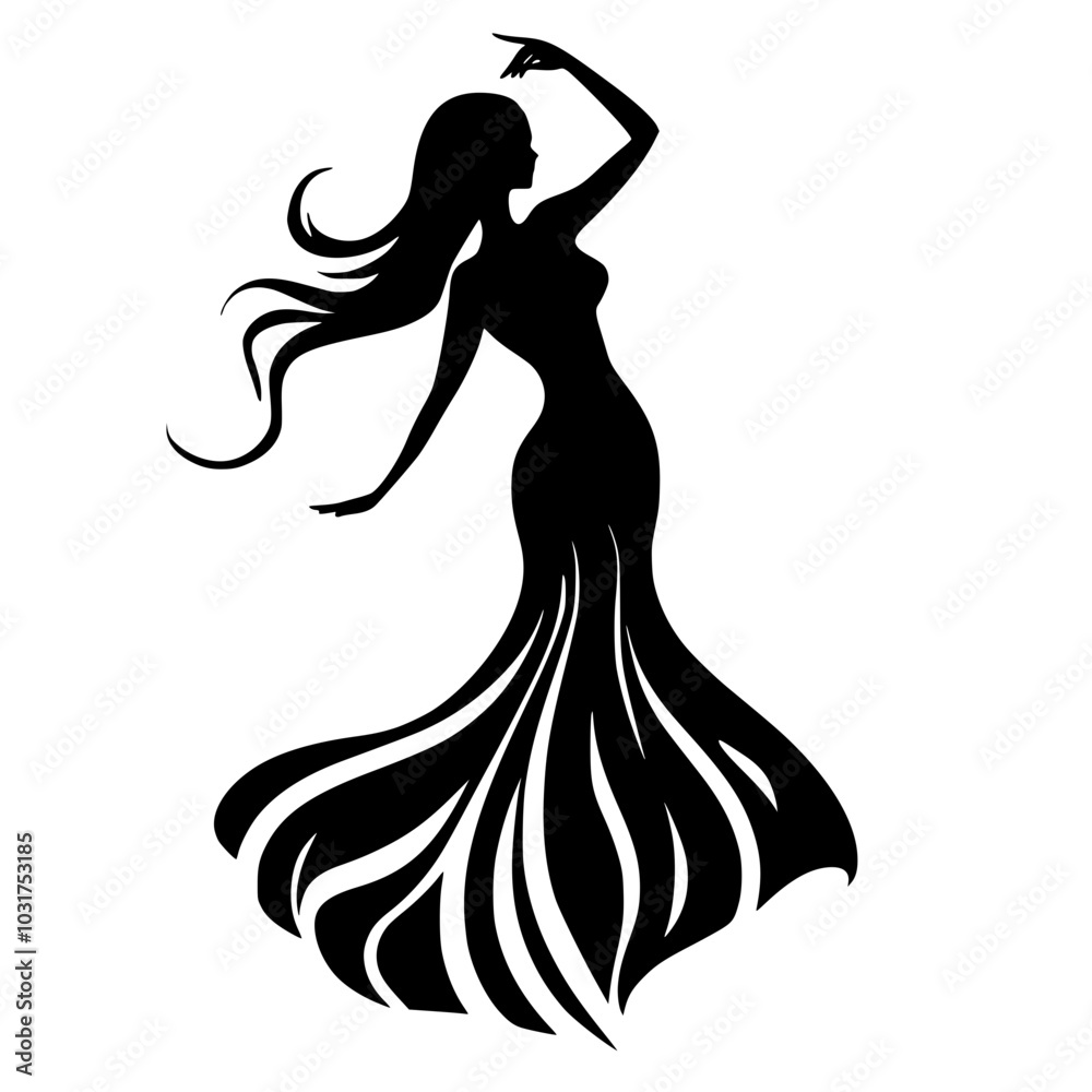 Silhouette of elegant woman in flowing dress, Black-and-white silhouette of an elegant woman with long hair wearing a flowing dress, showcasing grace and movement, isolated on white background.
Silhouette of elegant woman in flowing dress, Black-and-white silhouette of an elegant woman with long hair wearing a flowing dress, showcasing grace and movement, isolated on white background.
