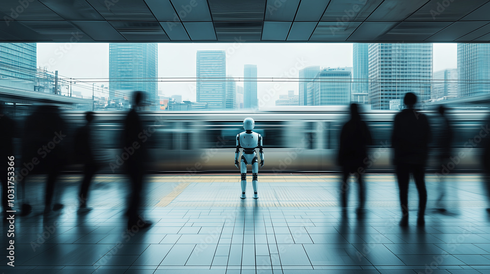 Futuristic Robot Stands Still At a City Station Futuristic Robot Stands Still At a City Station