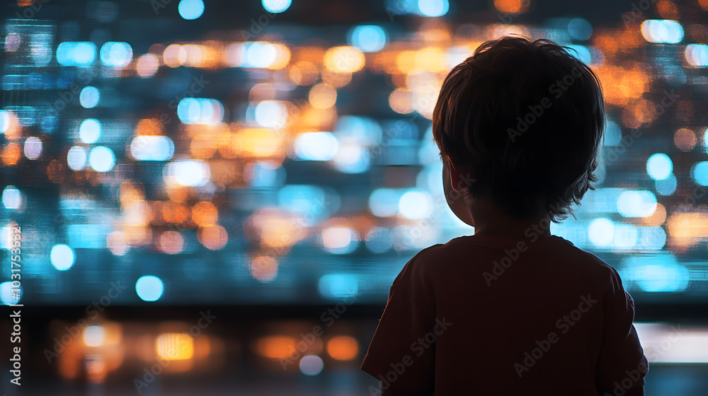 A child standing in front of a massive digital screen analyzing global data trends and future predictions preparing for the challenges ahead. A child standing in front of a massive digital screen analyzing global data trends and future predictions preparing for the challenges ahead.