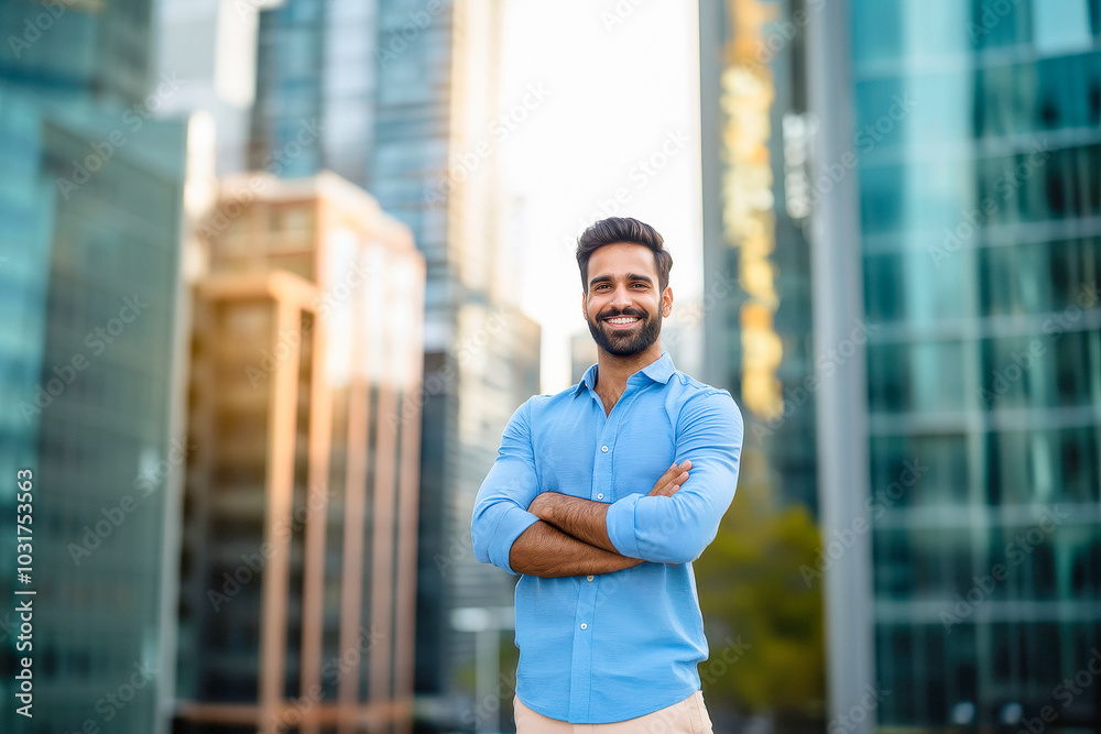 young indian man standing in front of building