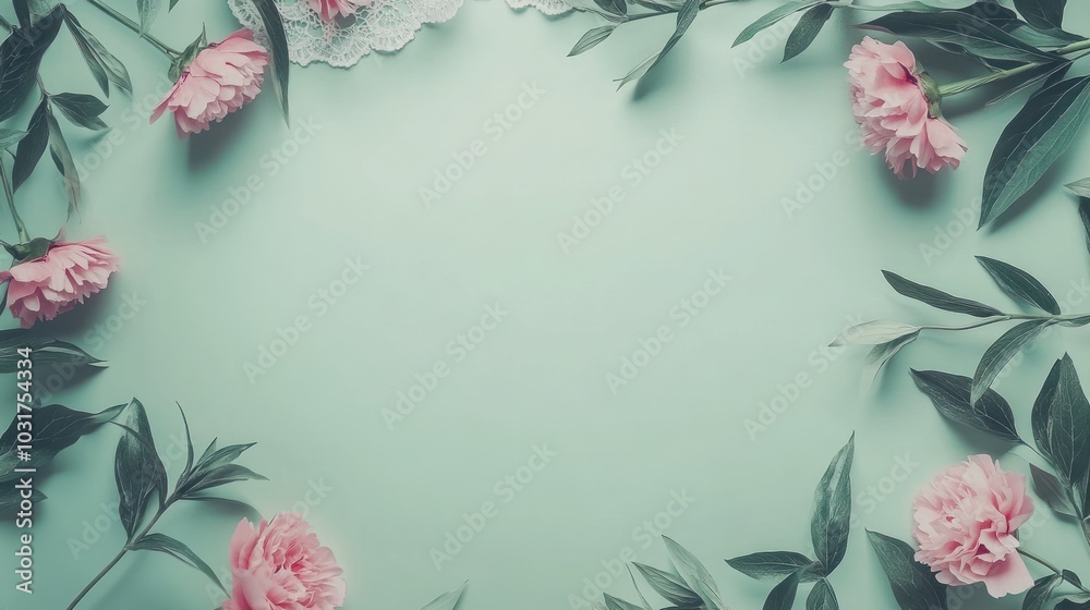 A serene arrangement of pink flowers and greenery on a pastel background, ideal for invitations. A serene arrangement of pink flowers and greenery on a pastel background, ideal for invitations.