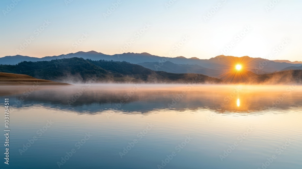 Serene mountain lake at dawn, mist rising from the water, crisp and cool morning air in a peaceful landscape Serene mountain lake at dawn, mist rising from the water, crisp and cool morning air in a peaceful landscape
