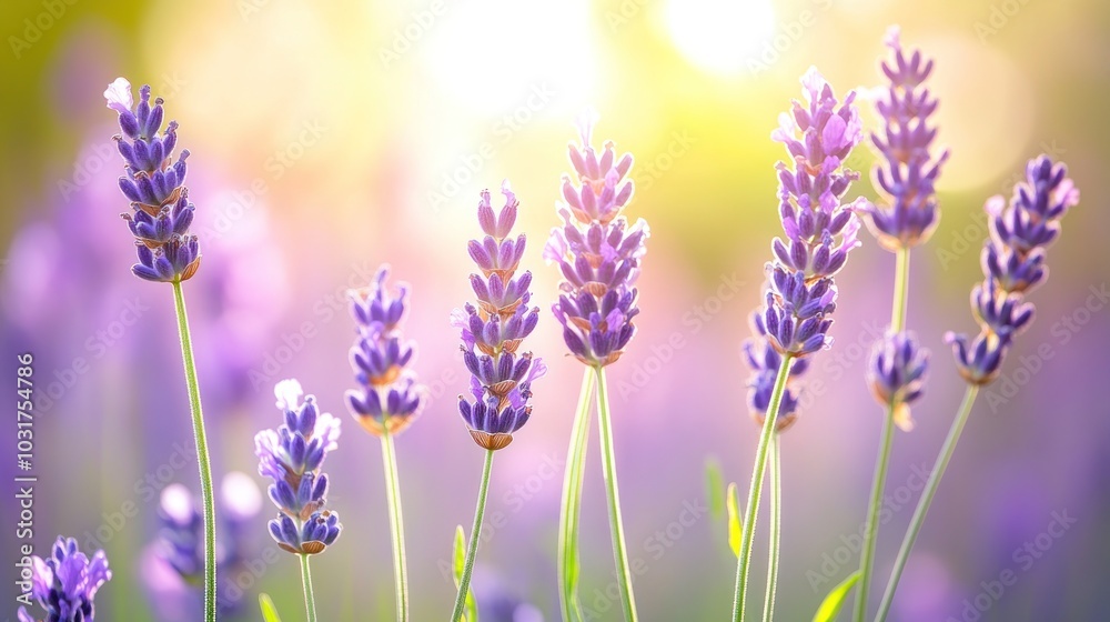 Naklejka premium A close-up of lavender flowers in sunlight, highlighting their beauty and tranquility.