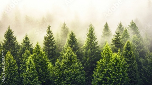 Misty forest landscape with evergreen trees, creating a serene and tranquil atmosphere.