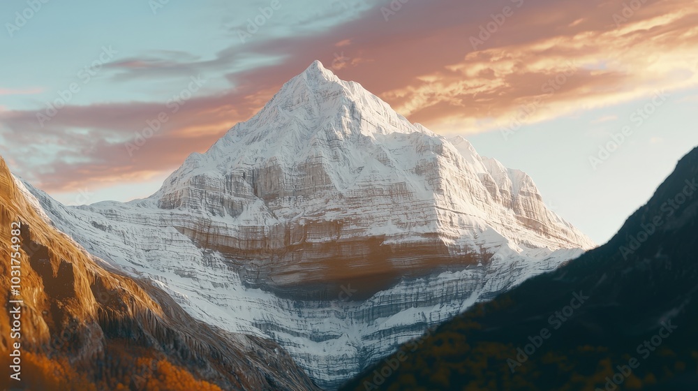 Obraz premium Majestic Mountain Peak at Sunrise with Dramatic Sky and Golden Light