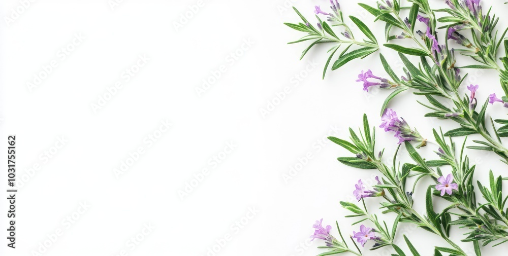 A minimalist composition featuring fresh rosemary sprigs with delicate purple flowers. A minimalist composition featuring fresh rosemary sprigs with delicate purple flowers.