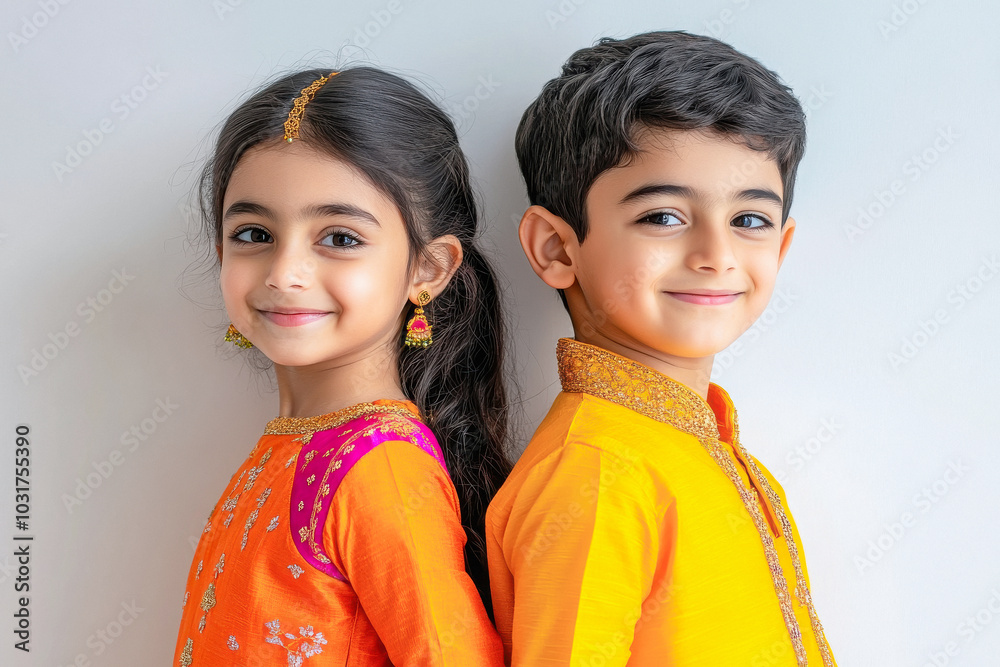 indian brother and sister standing on isolated background indian brother and sister standing on isolated background